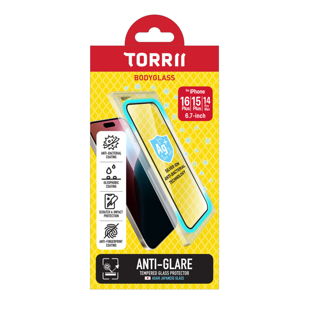Torrii BodyGlass Tempered Glass Screen Protector for iPhone 16 Plus (6.7") with anti-glare technology, anti-bacterial coating, and durable scratch resistance.