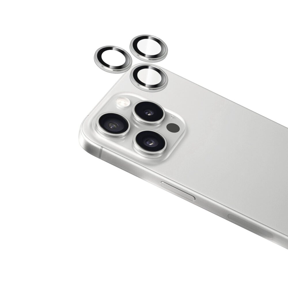 Torrii BodyGlass Aluminium Camera Lens Protector Ring for iPhone 16 Pro / 16 Pro Max in Silver, featuring anti-bacterial coating and scratch-resistant durability.