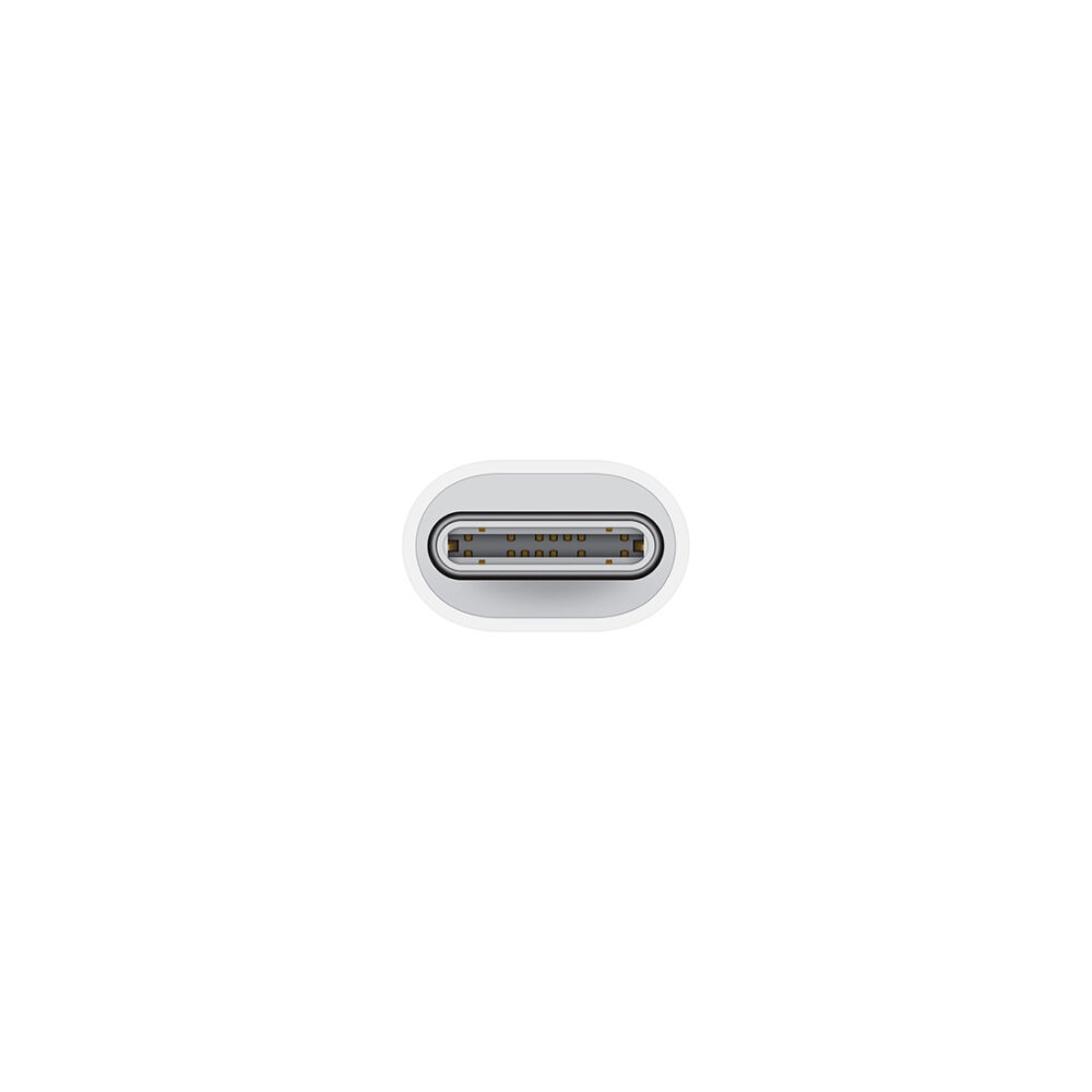 Apple USB-C to Lightning Adapter being used to connect an iPhone to a MacBook for data transfer.
