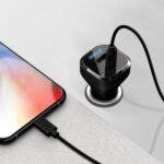 Close-up of the iWALK 42W car charger with dual USB ports in a sleek black design.