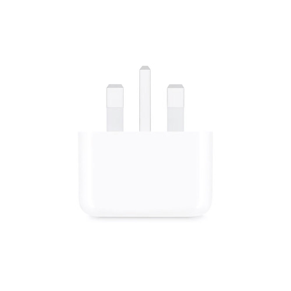 Apple 20W USB-C Power Adapter connected to a USB-C to Lightning cable, charging an iPhone 14.