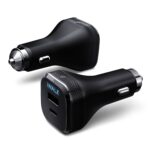 iWALK 42W car charger plugged into a car’s cigarette lighter, charging a smartphone and tablet.