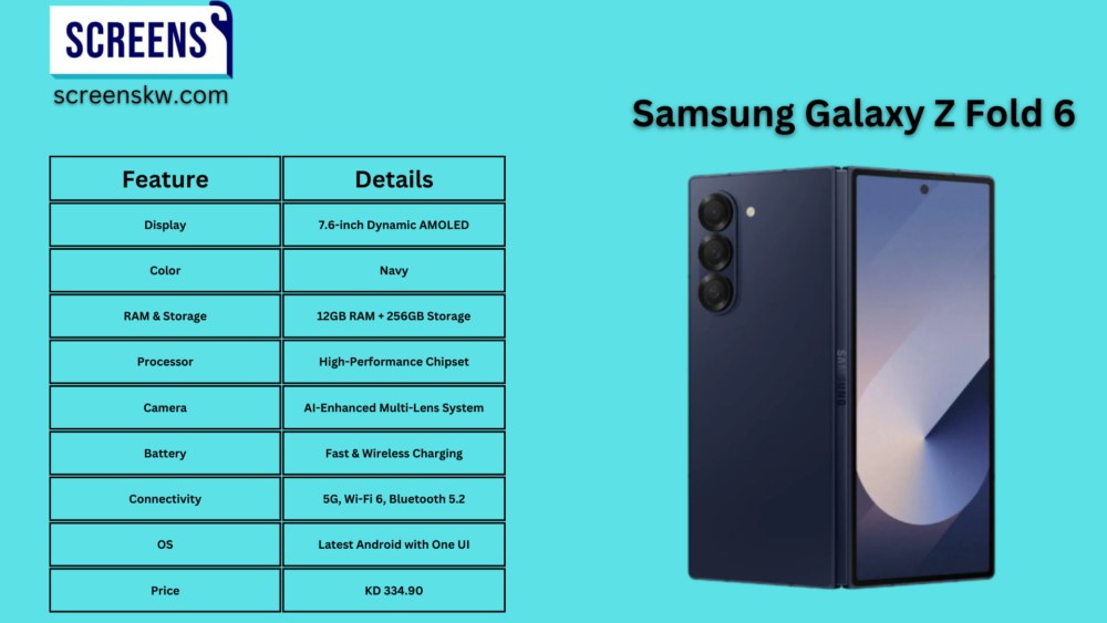 Samsung Galaxy Z Fold 6 with a 7.6-inch AMOLED display, 12GB RAM, 5G connectivity, and premium foldable design.