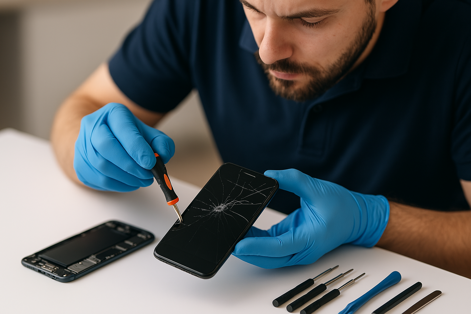 Mobile repairing, professional/expert holding a damaged phone to repair.